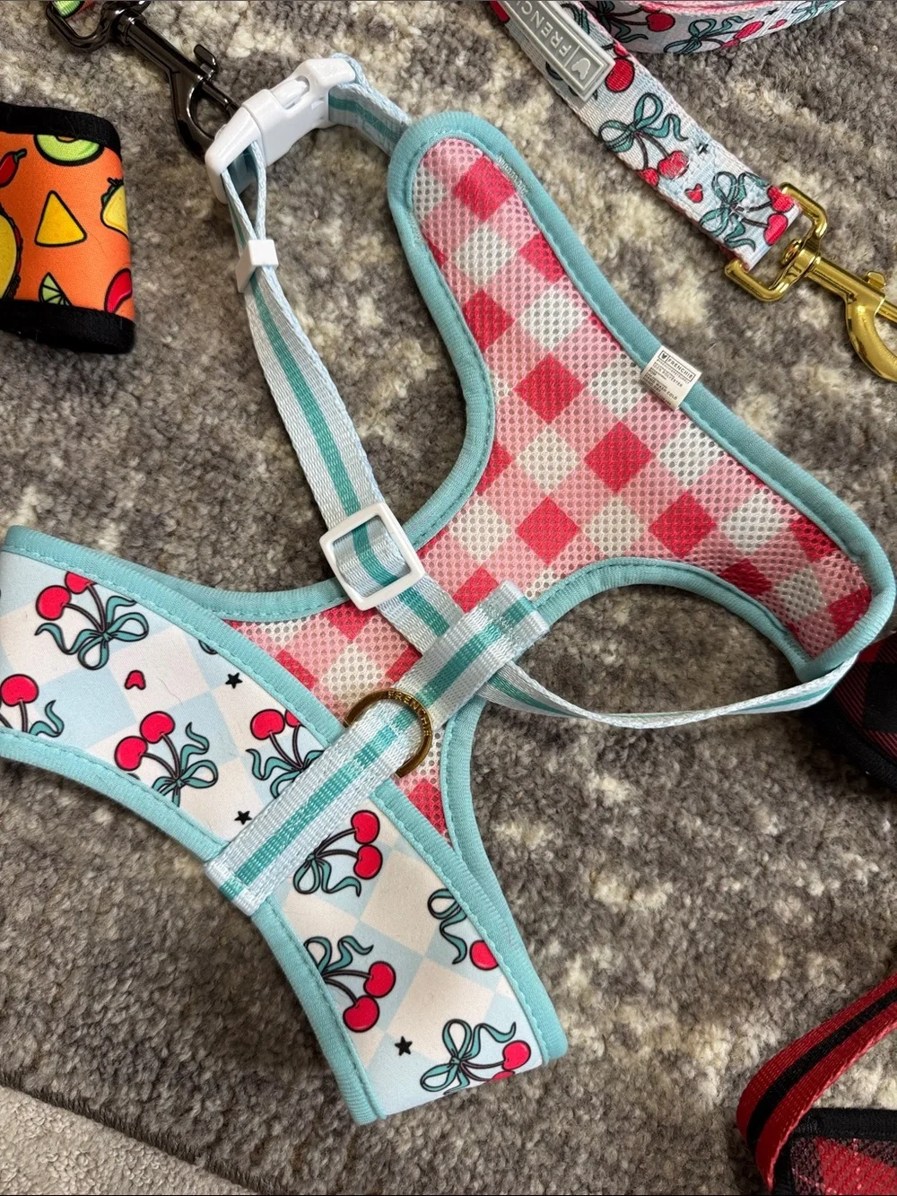 Frenchie Bulldog Cherry Print and Plaid Light Blue Reversible Harness and Leash